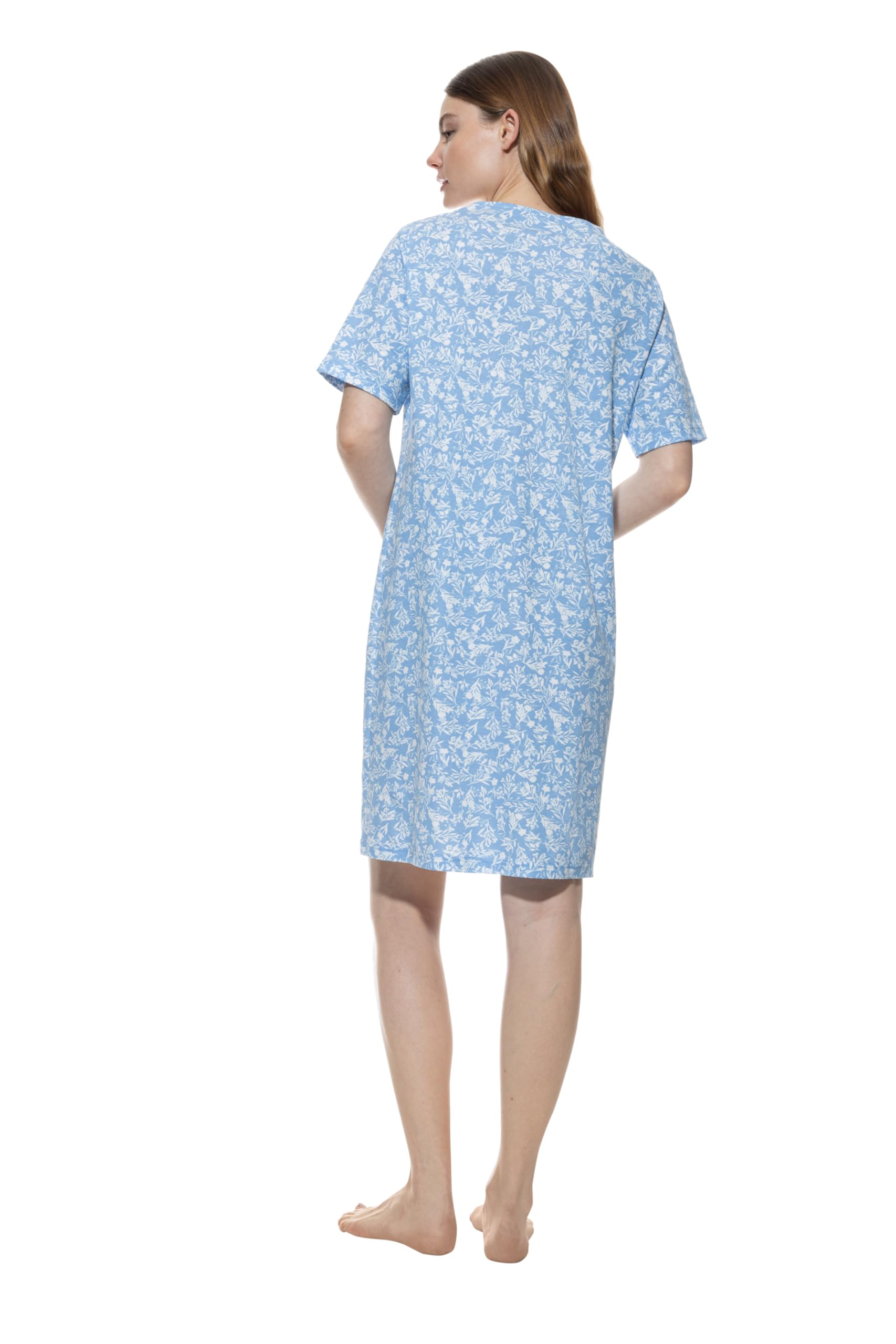 Mey Damen Nachthemd: Legerer Schnitt, Kurzarm, Rundhalsausschnitt, Floraler Print, Knielang, Blue Silk, Serie Flower Meadow