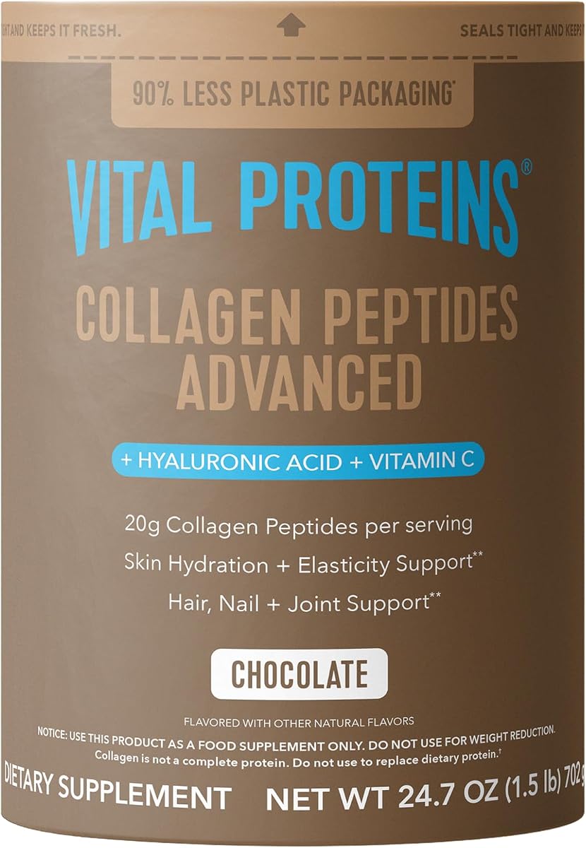 Vital Proteins Péptidos de colágeno avanzados, chocolate, 24,7 oz | Ácido hialurónico y vitamina C, apoya el cabello, la piel y las uñas, péptidos de colágeno, sabor a chocolate, 25 porciones