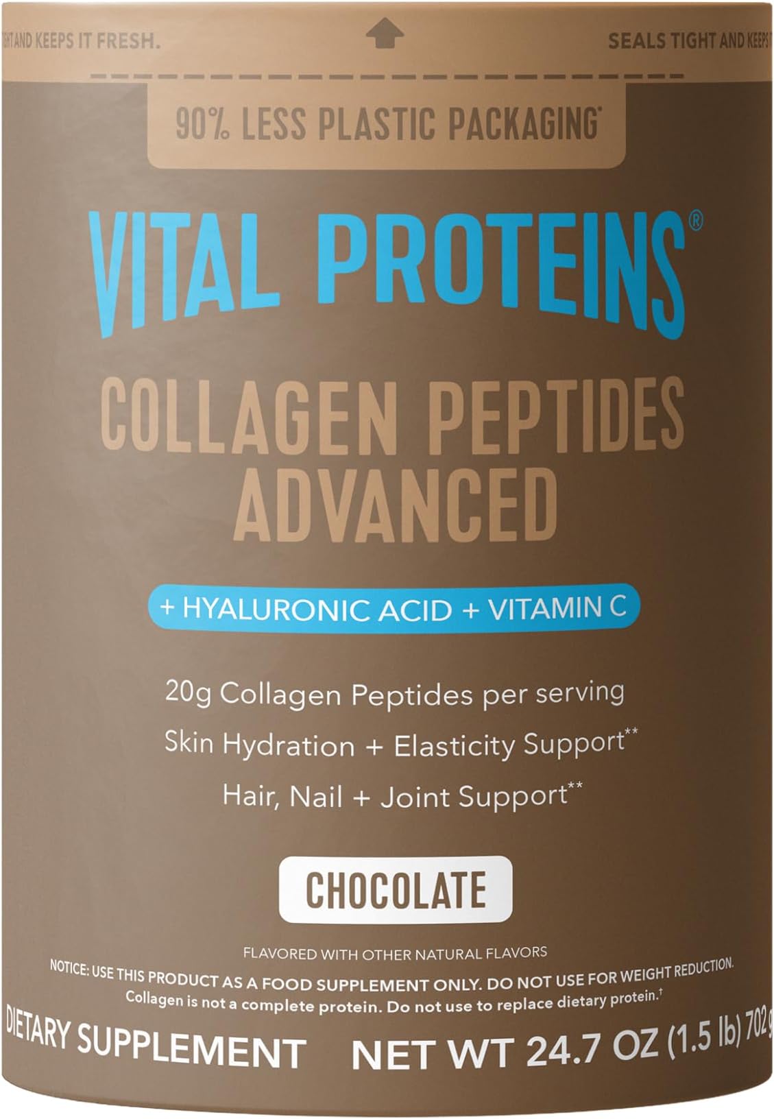 Vital Proteins Collagen Peptides Advanced, Hydrolyzed Peptides with Hyaluronic Acid and Vitamin C - Chocolate Flavor Powder, 24.7oz