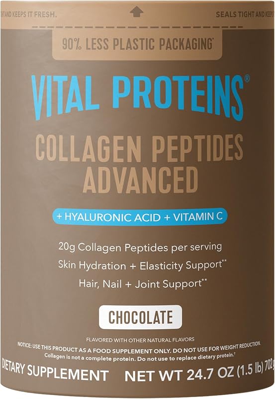 Vital Proteins Péptidos de colágeno avanzados, chocolate, 24,7 oz | Ácido hialurónico y vitamina C, apoya el cabello, la piel y las uñas, péptidos de colágeno, sabor a chocolate, 25 porciones
