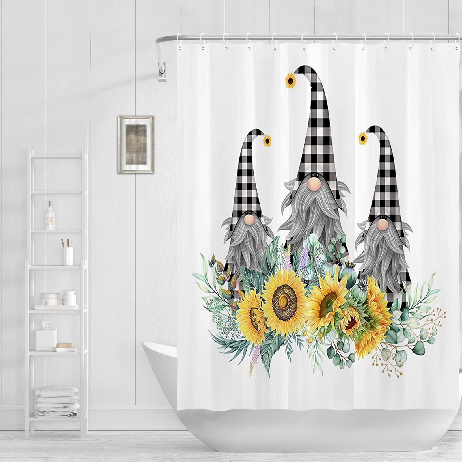 Abaysto Sunflower Gnomes Shower Curtain Checkered Plaid Shower Curtains,Spring Floral Plant Botanical Watercolor Green Leaves Bathroom Shower Curtains Set including Hooks Retro Bathroom Decor