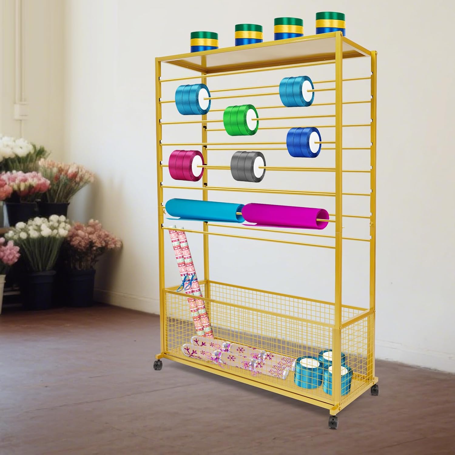 16 Tier Double-Sided Ribbon Rack with Wheels and Storage Basket, Metal Display Stand for Wrapping Paper, Scarves, Ribbons, Gold Color, 39.37 x 12.6 x 59.06 Inches