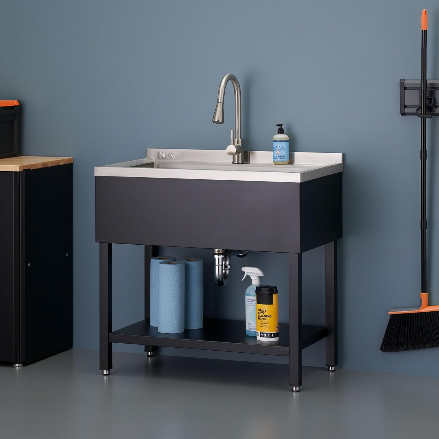 Stainless Steel Utility Sink, Oversized Freestanding Single Bowl Utility Sink with Pull-Out Faucet, for Garage, Laundry Room, Shop, NSF Certified, 36"W x 20"D x 50"H, Black