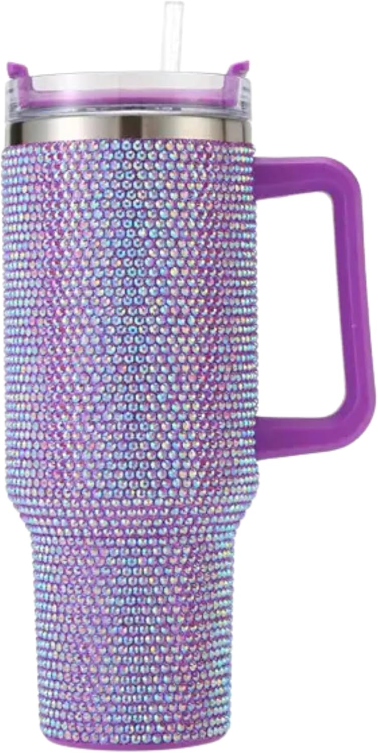 Lashicorn Purple Rhinestone 40 oz. Tumbler with Handle and Straw Lid Bling Tall Jewel Cup Gift Lilac Light Purple Insulated