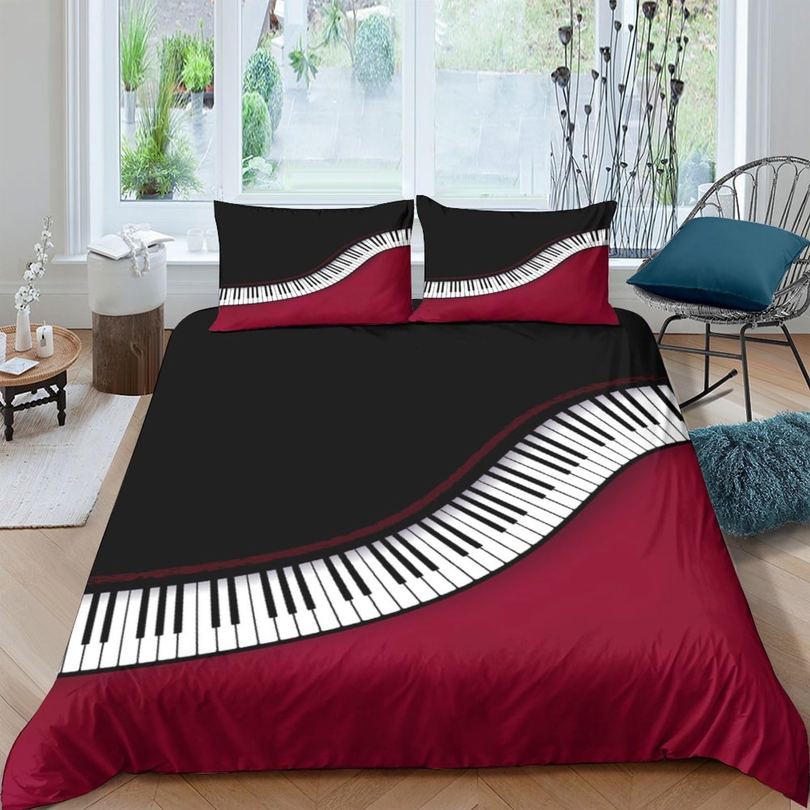 Ctjqhvkz Style-1 3D Printed Piano Keyboard Fitted Sheet Microfiber Black Red Music Bed Cover For Bedroom Dorm Mattress Protection Decor Single（135X200cm）