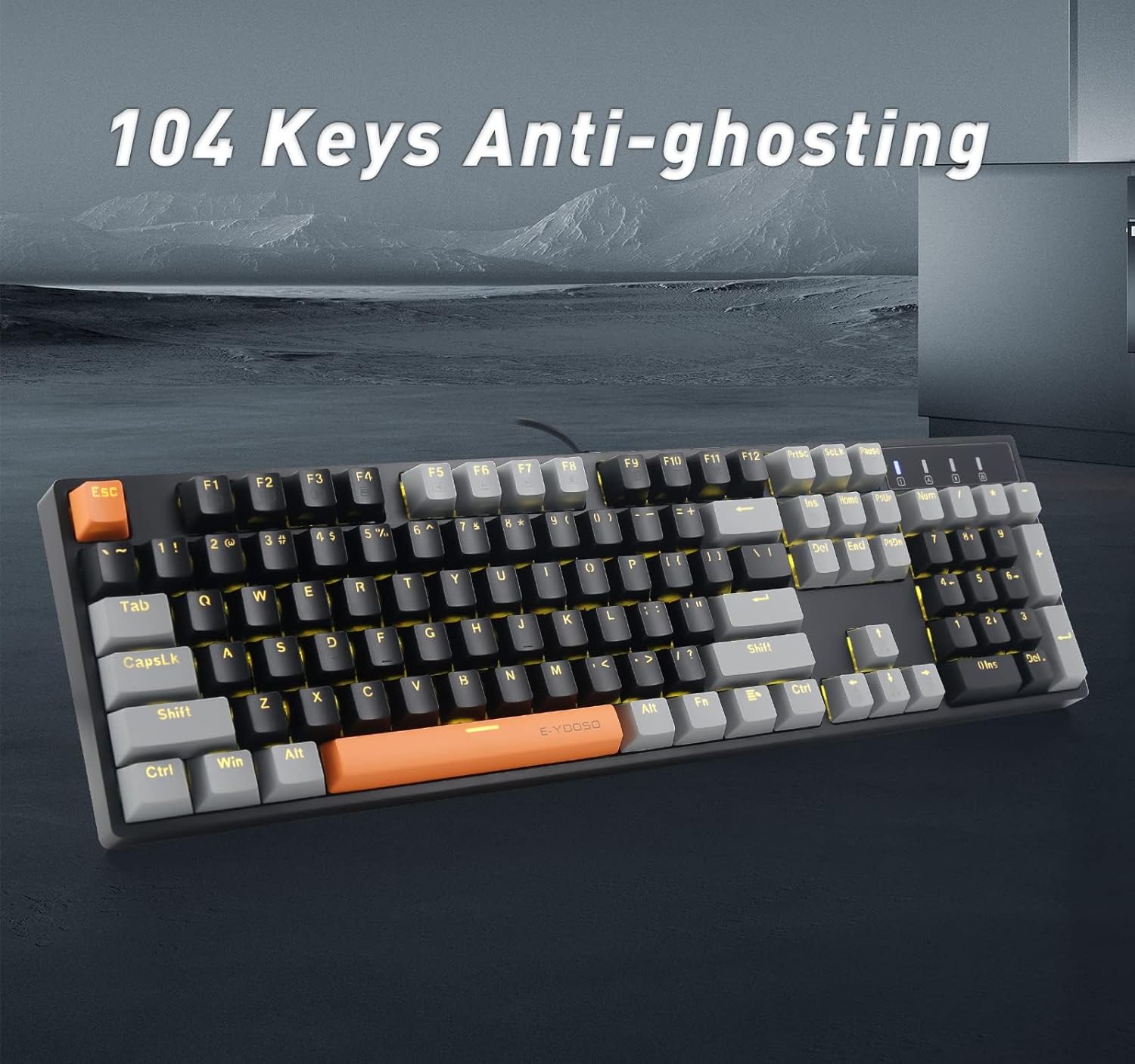 E-YOOSO Z-14 Mechanical Keyboard Wired 104 Key, Red Switch Hot Swappable Full-Size Gaming Office Work Computer Keyboards, Solid Yellow Backlit Mechanical Keyboard for PC Mac, Black&Grey