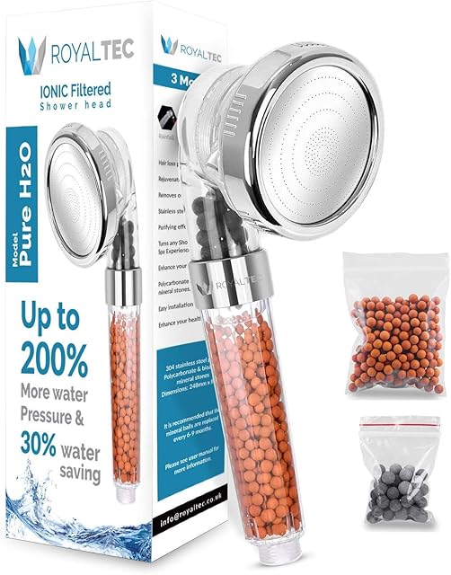 ROYALTEC Ionic Shower Head 3 Way Function, Higher Pressure Water Saving, with Extra Replacement Stones (12 Months Warranty)