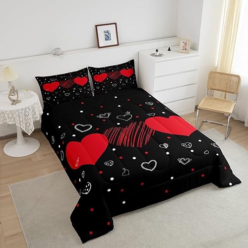 Miniatura 3 de Erosebridal Juego de edredón para el día de San Valentín, ropa de cama de corazones rojos para parejas jóvenes, juego de edredón con patrón de