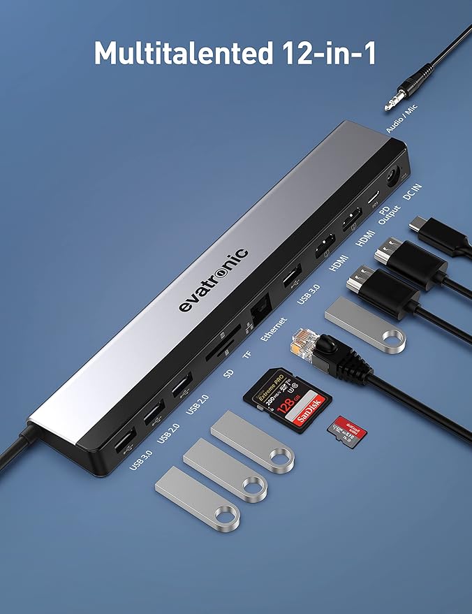 Hub USB Evatronic 12 en 1 con Dual HDMI 4K, Ethernet, 4 Puertos USB miniatura 2