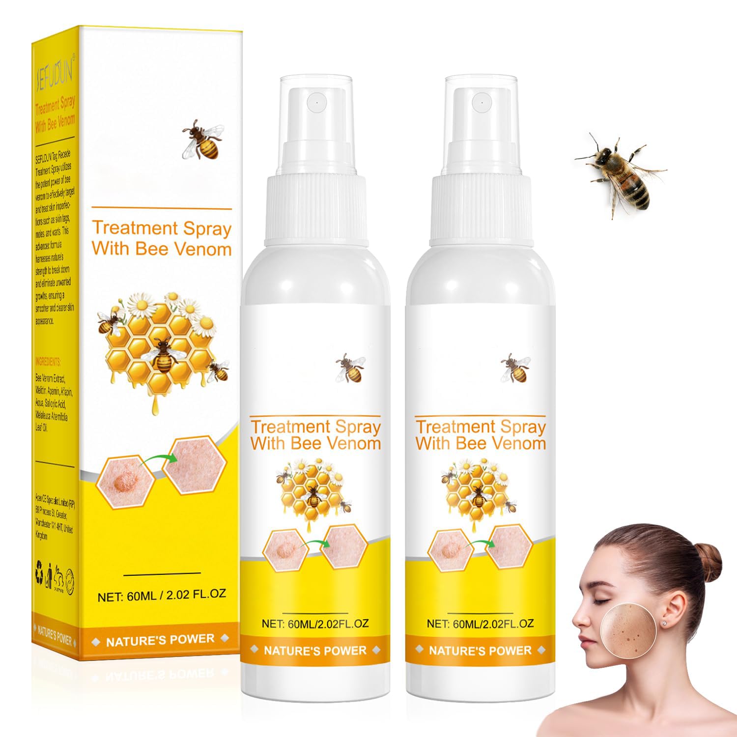 Bee Venom Spray, Bee Venom Skin Treatment Spray, Hydrating and Moisturizing for Men&Women, 2.02 Fl.Oz(2PCS)
