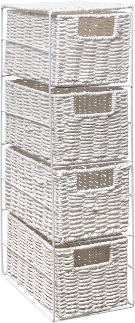 woodluv 4 Drawer Paper Rope Tower Storage Unit With Metal Frame, Ideal for Small Bathrooms & Home Storage, White