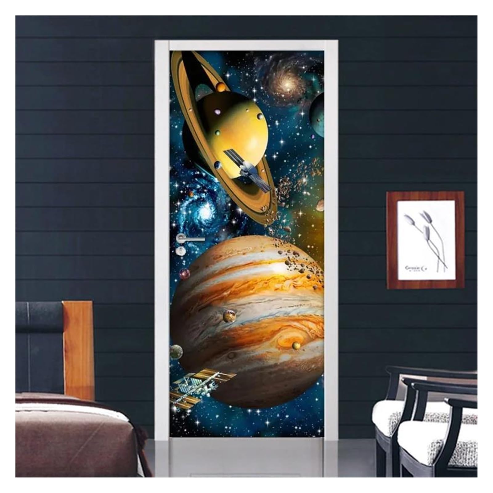 Sticker mural autocollant de porte ciel étoilé et planète papier peint 3D