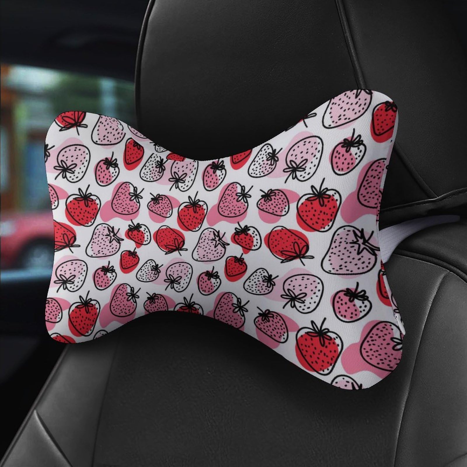 Strawberry Leaves Car Neck Pillow Set of 2 Car Seat Head Support Cushion Bone Pillows with Elastic Strap