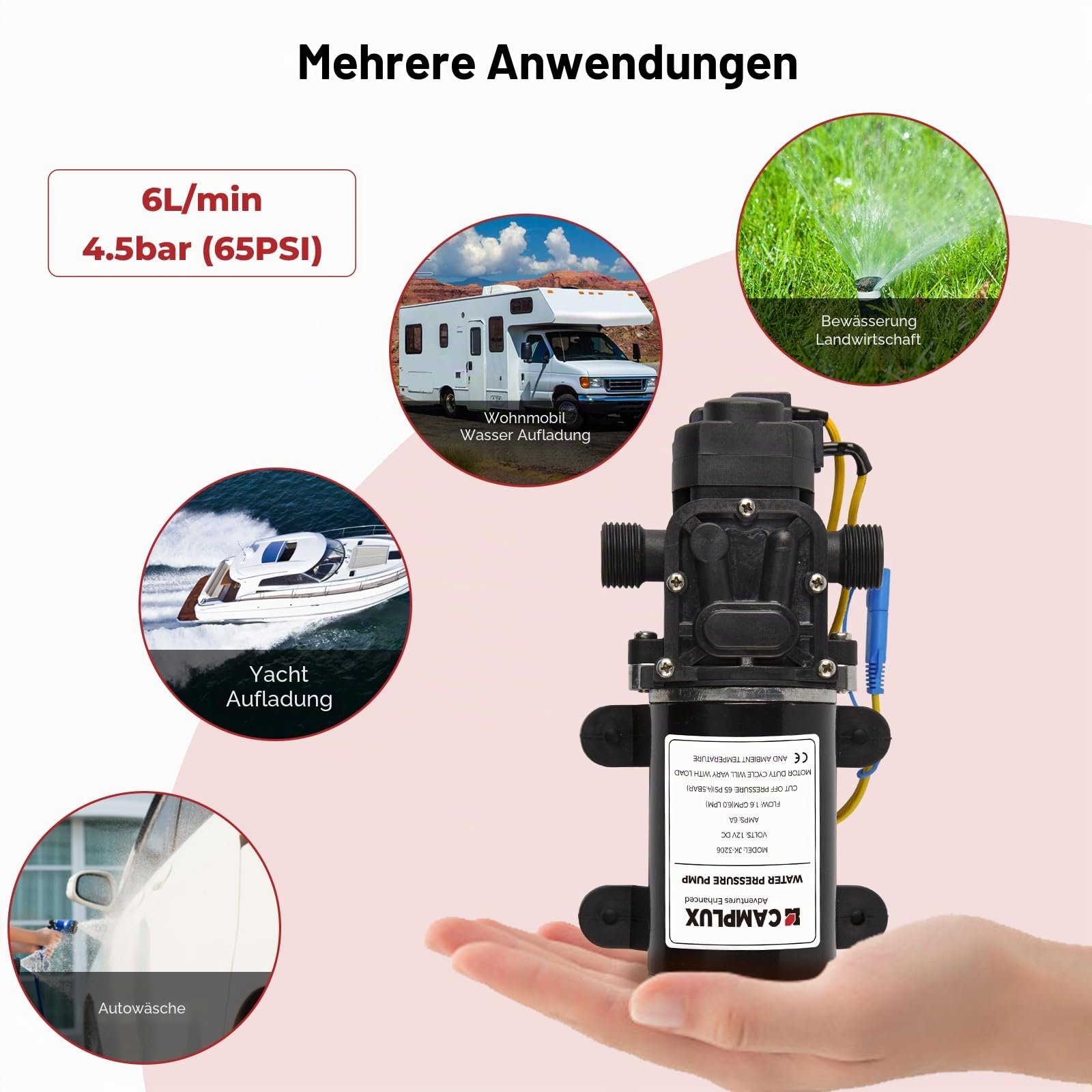 CAMPLUX 12V Wasserpumpe 6L/min, Selbstansaugende Druckwasserpumpe, für Wohnwagen, Boot, Heißes Wasser System, 4.5 Bar/ 65 PSI Schwarz
