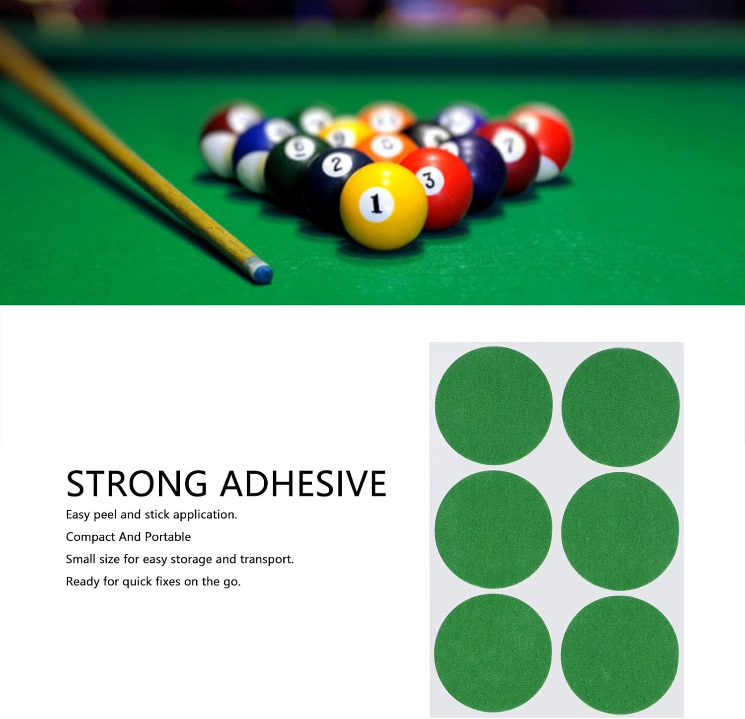 Billiard Patch Sticker, 1 Sheet 6pcs Billiard Cloth Repair Stickers Easy Apply Pool Accessories Billiard Table Cloth Protector Pool Table Felt Replacement Tool for Home