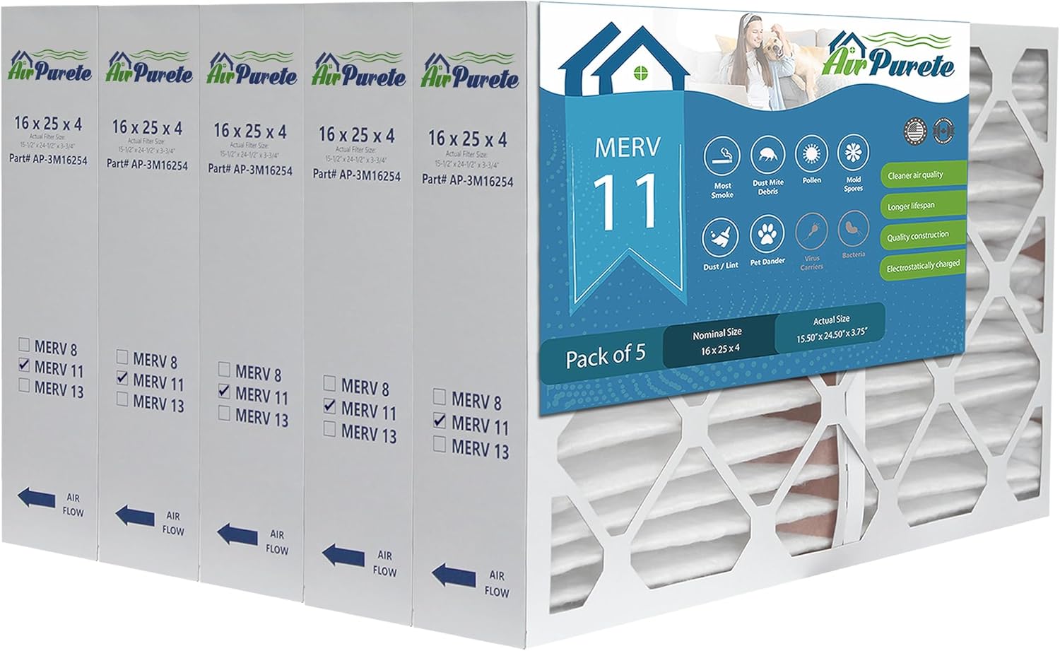 16x25x4 HIGH CAPACITY Furnace Filter | AirPurete AP- 3M16254 | Actual Size 15 1/2" x 24 1/2" x 3-3/4" | MERV 11 | Pack of 5