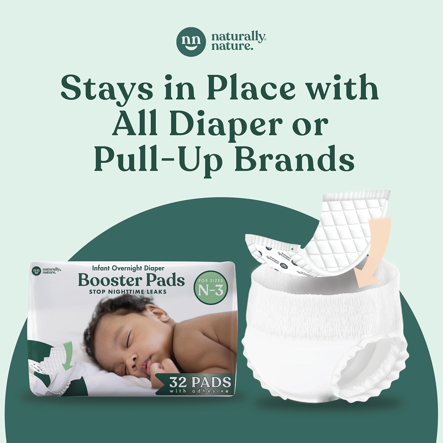 Naturally Nature Overnight Leak-Protection Diaper Booster Pads, for Heavy Wetters, Diaper Liners for Baby Overnight Diapers - Size N-3 Unisex, 96-Pack