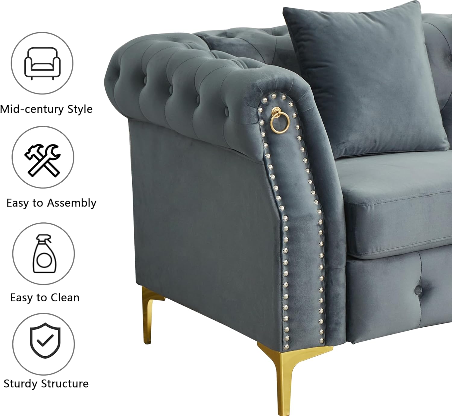 Hybition 3-Piece Living Room Sofa Set, Grey Velvet, Tufted Design with Gold Metal Legs, Nailhead Trim