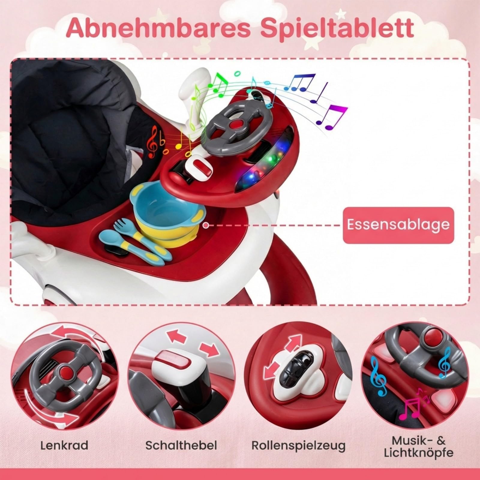 FANTASK 7 in 1 Lauflernhilfe mit abnehmbarem Verdeck, Lauflernwagen höhenverstellbar mit Spielboard, Musik, Licht & Rädern, Gehfrei mit einstellbarer Geschwindigkeit für Baby ab 6 Monaten (Weinrot)