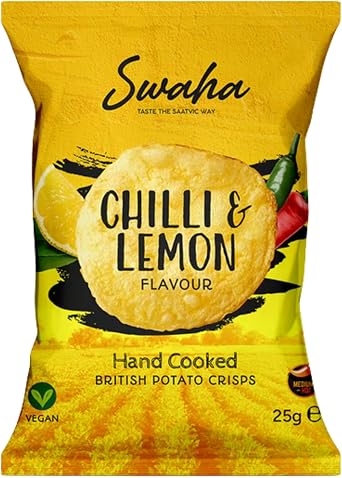 Swaha Authentically Saatvic Hand Cooked British Potato Crisps X36 Varierty Pack 25g (CHILLI LEMON, KETCHUP, SALTED, 36 PACK)