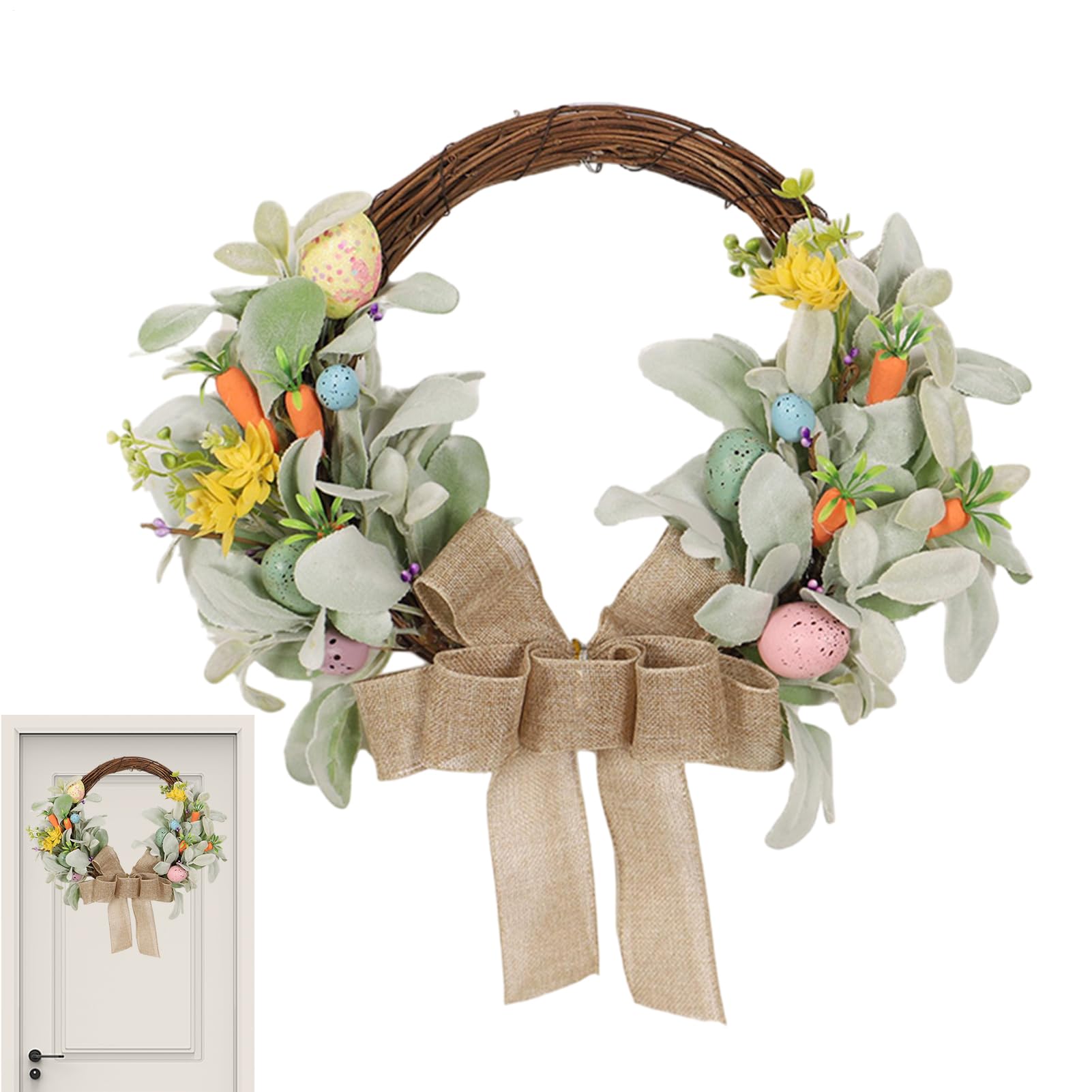 Couronne de Pâques de 40 cm avec nœud et œufs multicolores