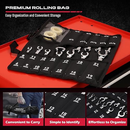 Miniatura 6 de SEDY Juego de 14 llaves para tuercas acampanadas con cinta PTFE, llave de línea de freno métrica y SAE con desfase de 14"-78" & 9-21mm, juego de