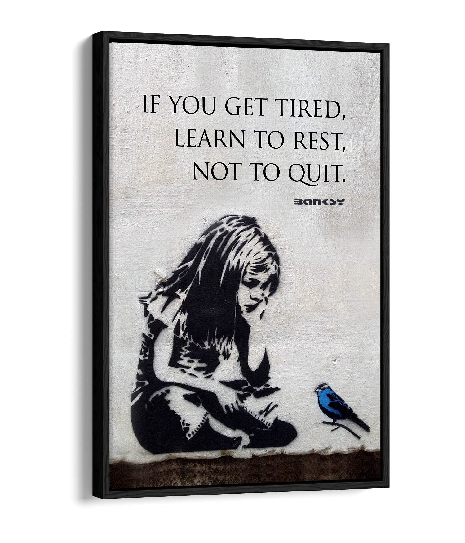 Canvasartshop Girls Black - Banksy Blue Bird Quote Portrait- Float Effect Framed Canvas Wall Art Picture Print (, 12X8)