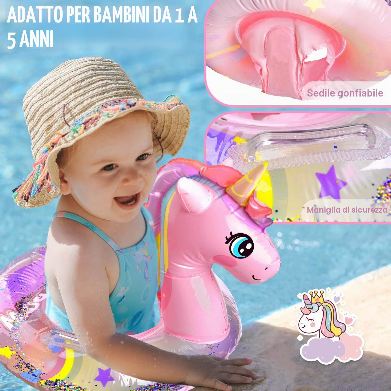 Salvagente Gonfiabile per bambini, Salvagente Gonfiabile Unicorno con Doppio Manico, Galleggiante Gonfiabile del Bambino Seggiolino Dell'anello di Nuoto del