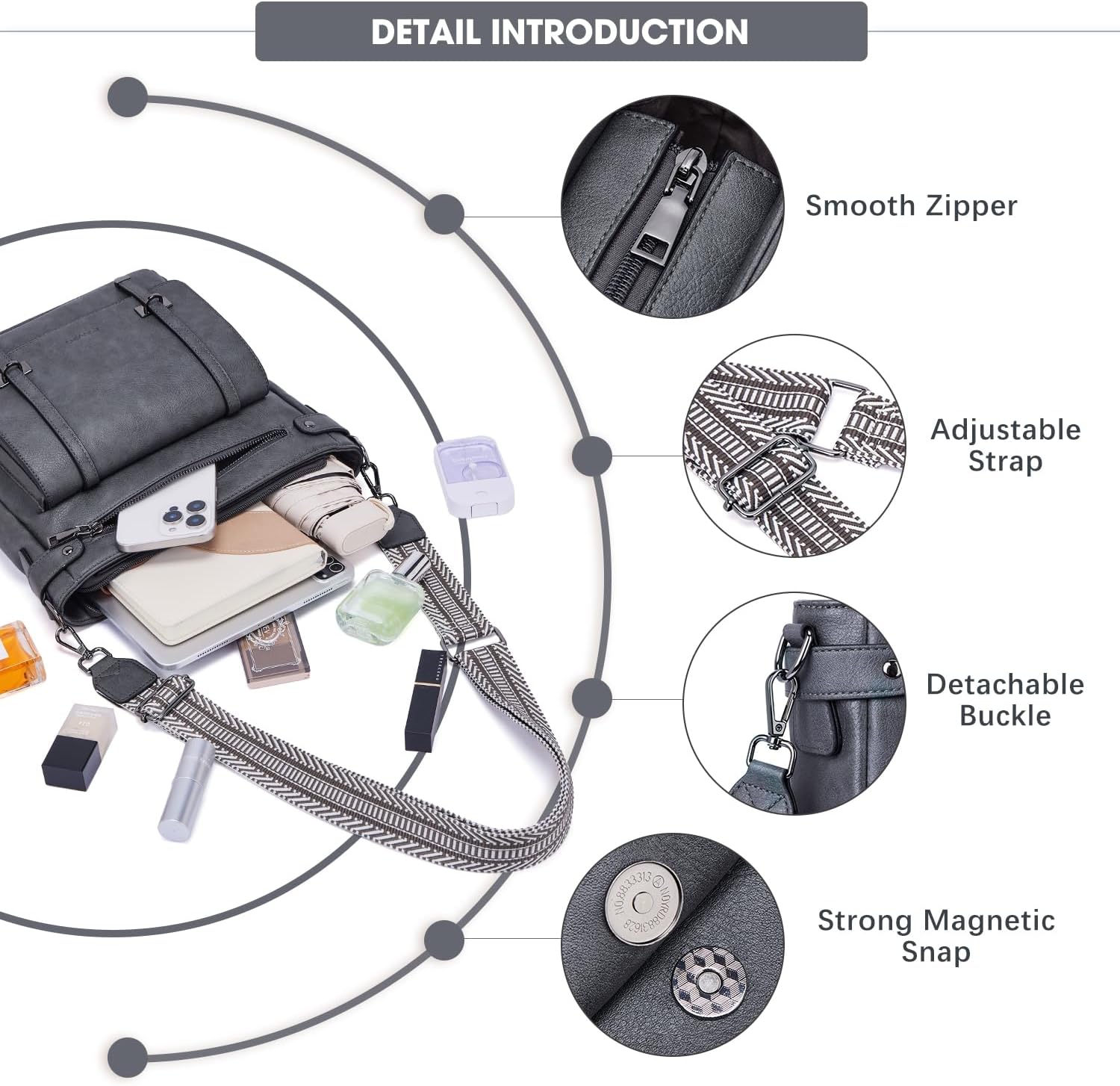 Roulens Crossbody Bags for Women,Multi Pocket Crossbody Purses Vegan Leather Shoulder Handbags Travel Purse Adjustable Strap - Image 5