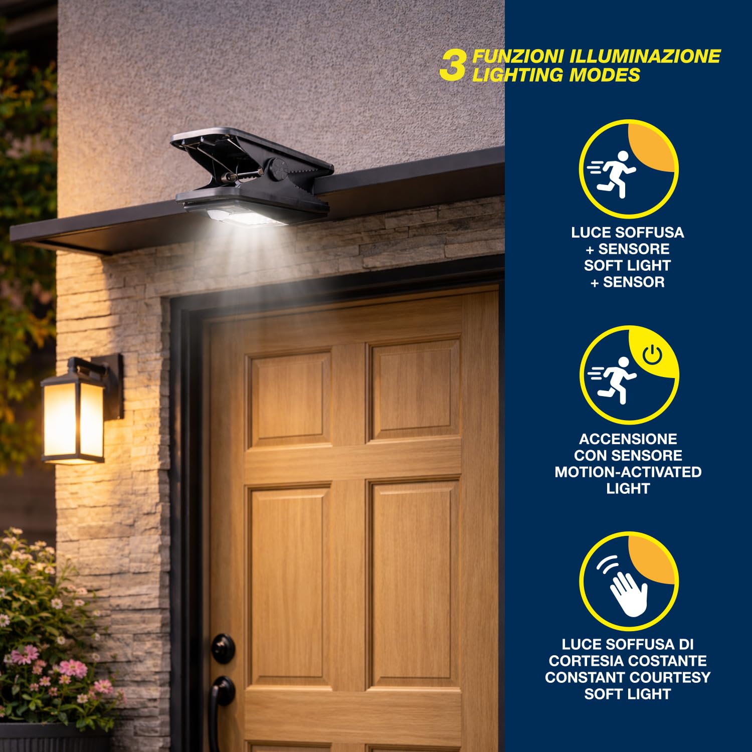 BEPER P207ILO003 Lampada Solare con Clip, Luce LED da Esterno con Sensore di Movimento, 3 Modalità di Illuminazione, Ricarica Solare, IP65, per Giardino, Recinzioni e Campeggio