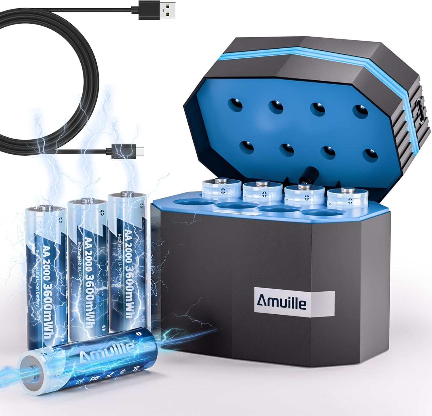 Rechargeable AA Batteries Lithium with Fast Charger, 8 Pack 1.5V 3600mWh Double A Batteries Rechargeable Lithium AA Battery with Charging Storage Box for Blink Outdoor Xbox and electronic devices