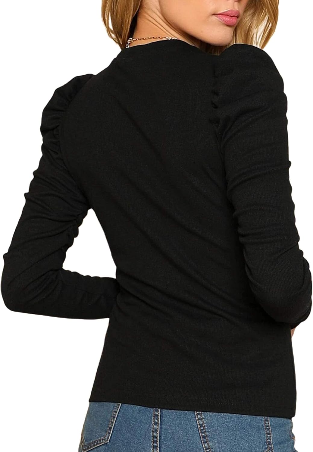 Remidoo Women's Solid Round Neck Puff Long Sleeve Slim Fit T Shirt Tops - Image 2