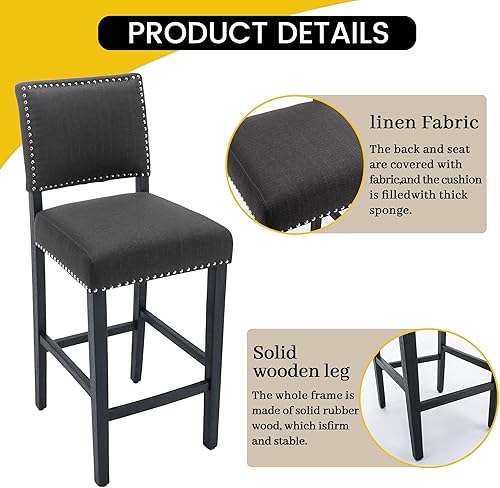 Miniatura 4 de KCC Juego de 2 taburetes de bar de 29 pulgadas, tapizados para islas de cocina, borde de cabeza de clavos, color gris