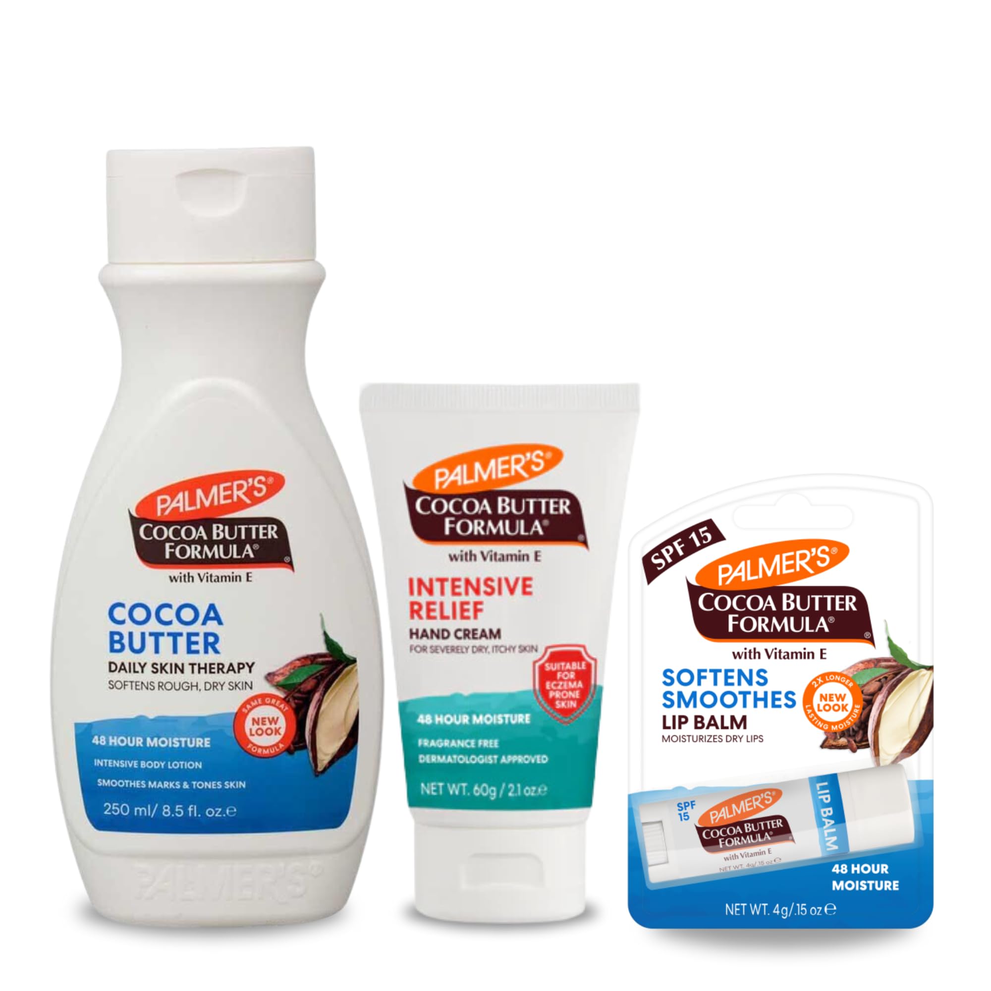 Palmer's Cocoa Butter Bundle - Body Lotion 250ml, Intensive Hand Relief Cream 60g & Lip Balm - Hydrating Cocoa Butter Skin Care Set for Intense Moisturizing - Perfect for Dry Skin