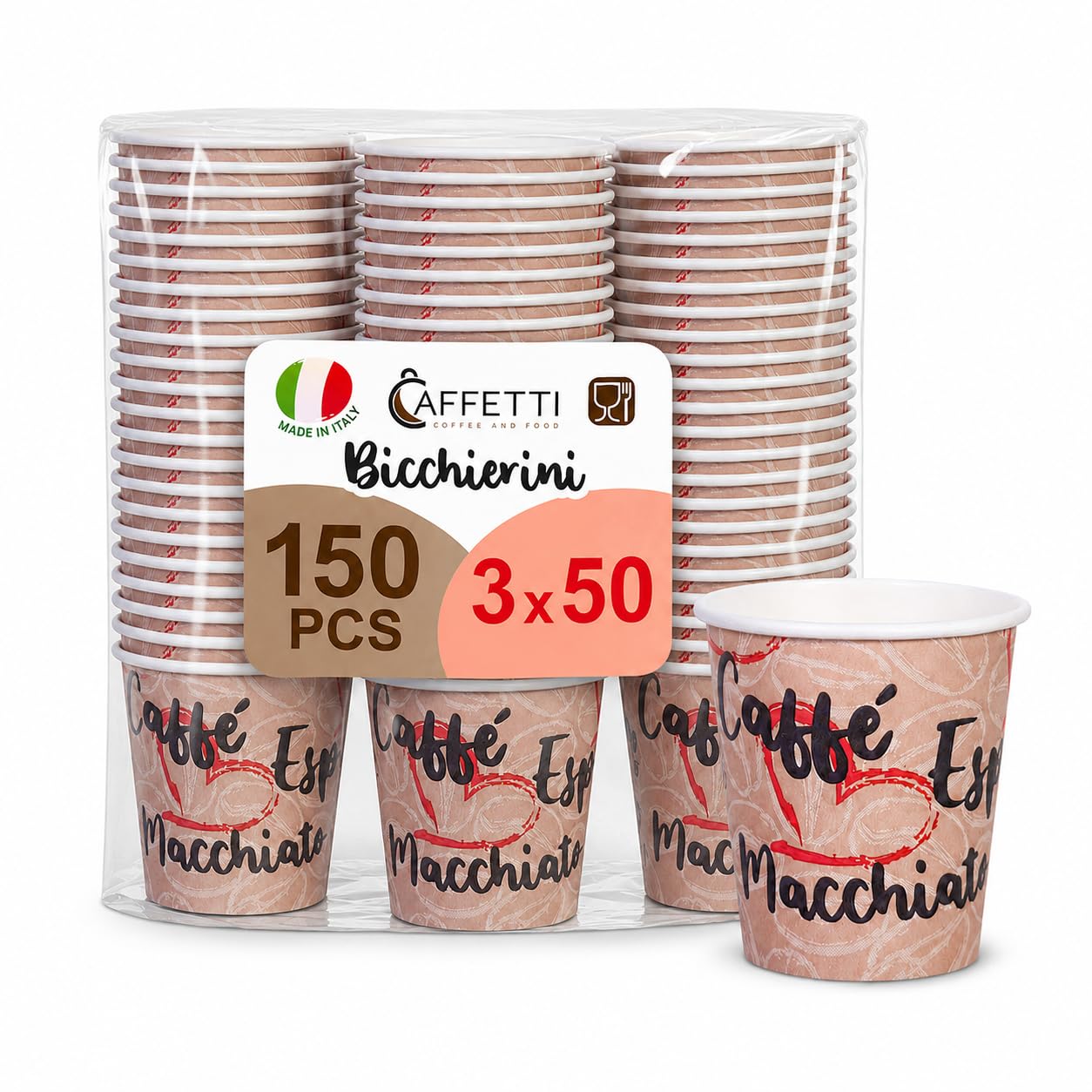 Caffetti 150 Bicchierini Caffè Carta 90 ml Made in Italy, 3 Stecche da 50 Bicchieri Monouso per Espresso, Tazzine Usa e Getta per Bar, Ufficio, Asporto, Bevande Calde, Tema Cuore