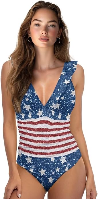 Biyejit Women One Piece Swimsuit V-Neck Ruffle Bathing Suit Tummy Control Swimwear Padded Modest Monokini Plus Size