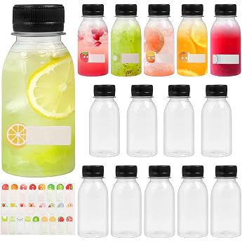 Pack of 14 Juice Bottles for Filling 100 ml Mini Plastic Bottle with Sticker Reusable Mini Bottle for Filling Fruit Juices Milk Water and Milkshakes