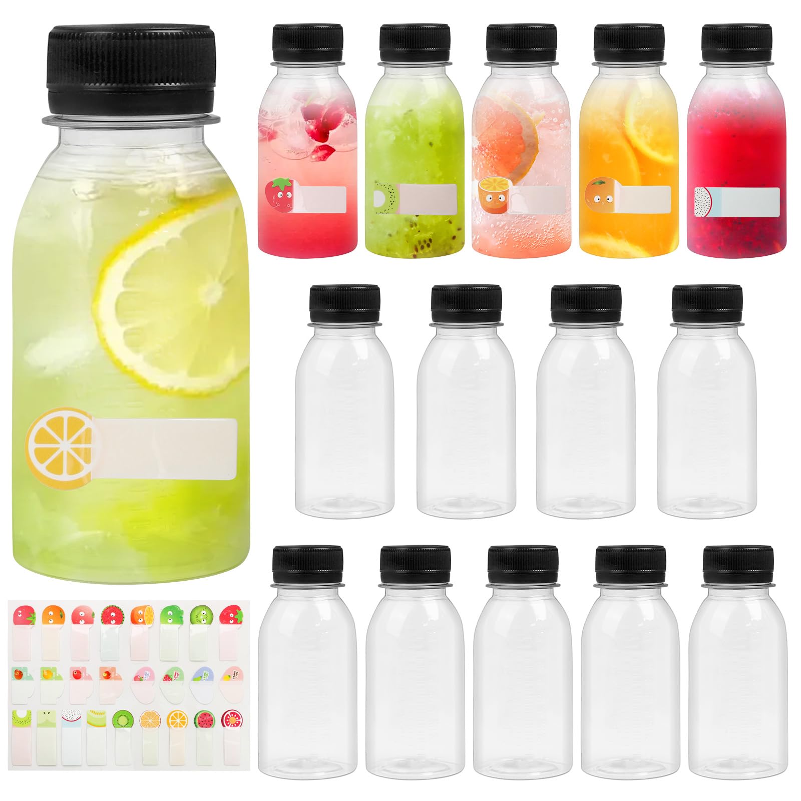 14pcs Juice Shot Bottles with lids, 100ml Small Plastic Bottles with Lids