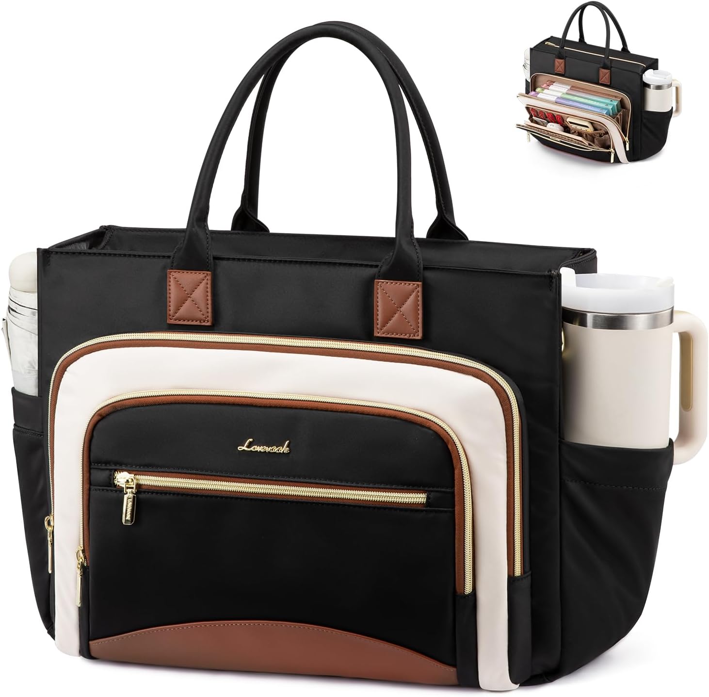 LOVEVOOK Teacher Tote Bag for Women,Laptop bag with Large Cup Holder,Work bag with Accordion File Organizer Pocket,Multi-Pockets Professional Diaper Bag Nurse Bag,Handbag Purse for Work,College,Daily