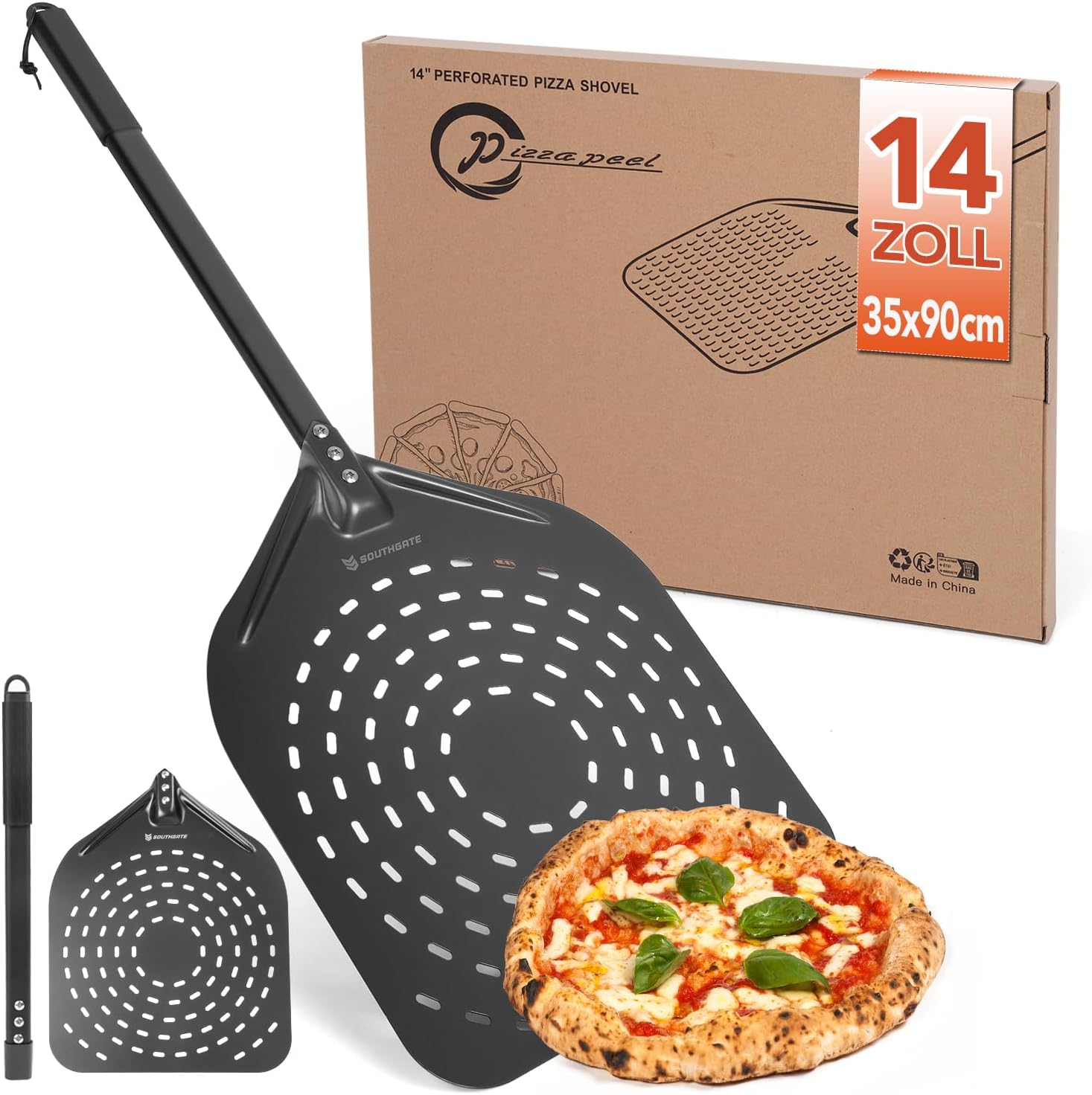 SOUTHGATE Pizza Peel Perforated   35 x 40 x 90 cm Perforated Pizza Shovel Made of Hard Anodized Aluminum for Easy Gliding on Pizza Stone Pizza Slider with Silicone Handle Gift for Men