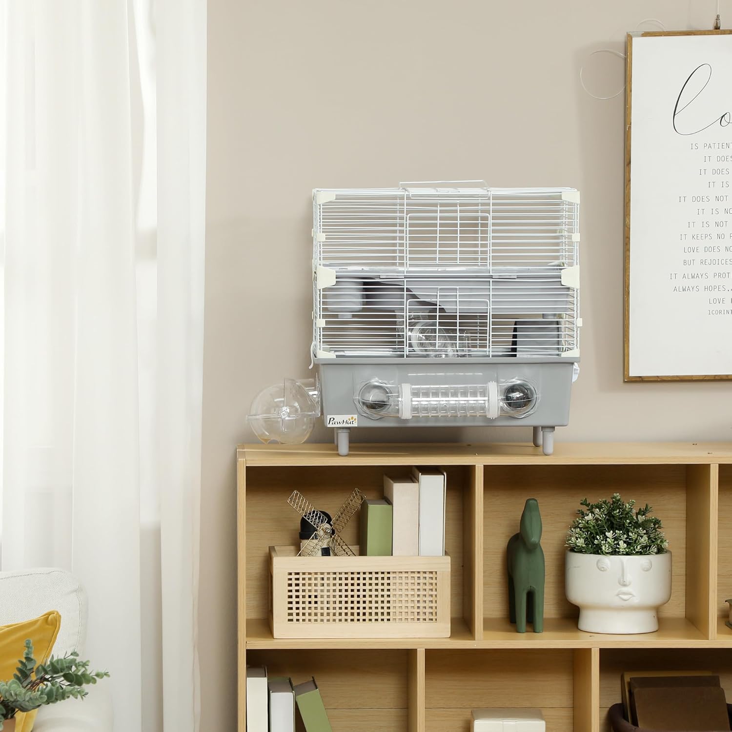 PawHut 2-Tier Hamster Cage, Small Animal Cage with Running Wheel, Tubes, Sand Bathroom, Water Bottle, Hamster Habitat with Accessories, 17.5" x 11" x 17", Gray