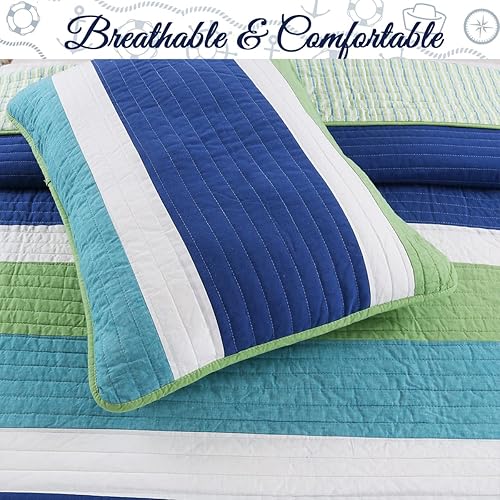 Miniatura 5 de Cozy Line Home Fashions Waylon - Juego de edredón reversible a rayas 100% algodón, color azul marino, verde y blanco, colcha (azulverde, individual,