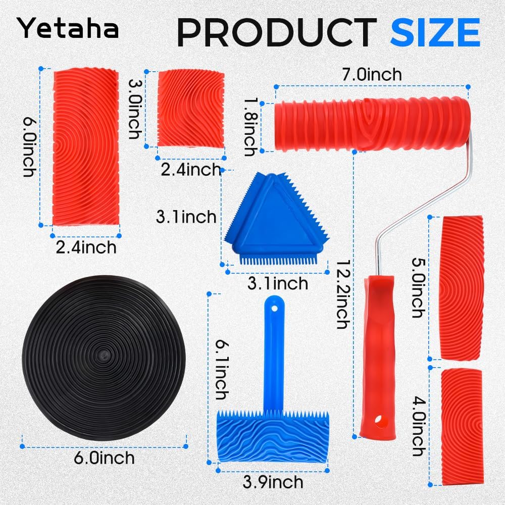 Yetaha 8Pcs Rubber Wood Grain Roller Tool with Handle for Floor Wall Painting | Simulated wood grain design, ergonomic handle, ideal for decks, walls, furniture & indoor art paint decoration