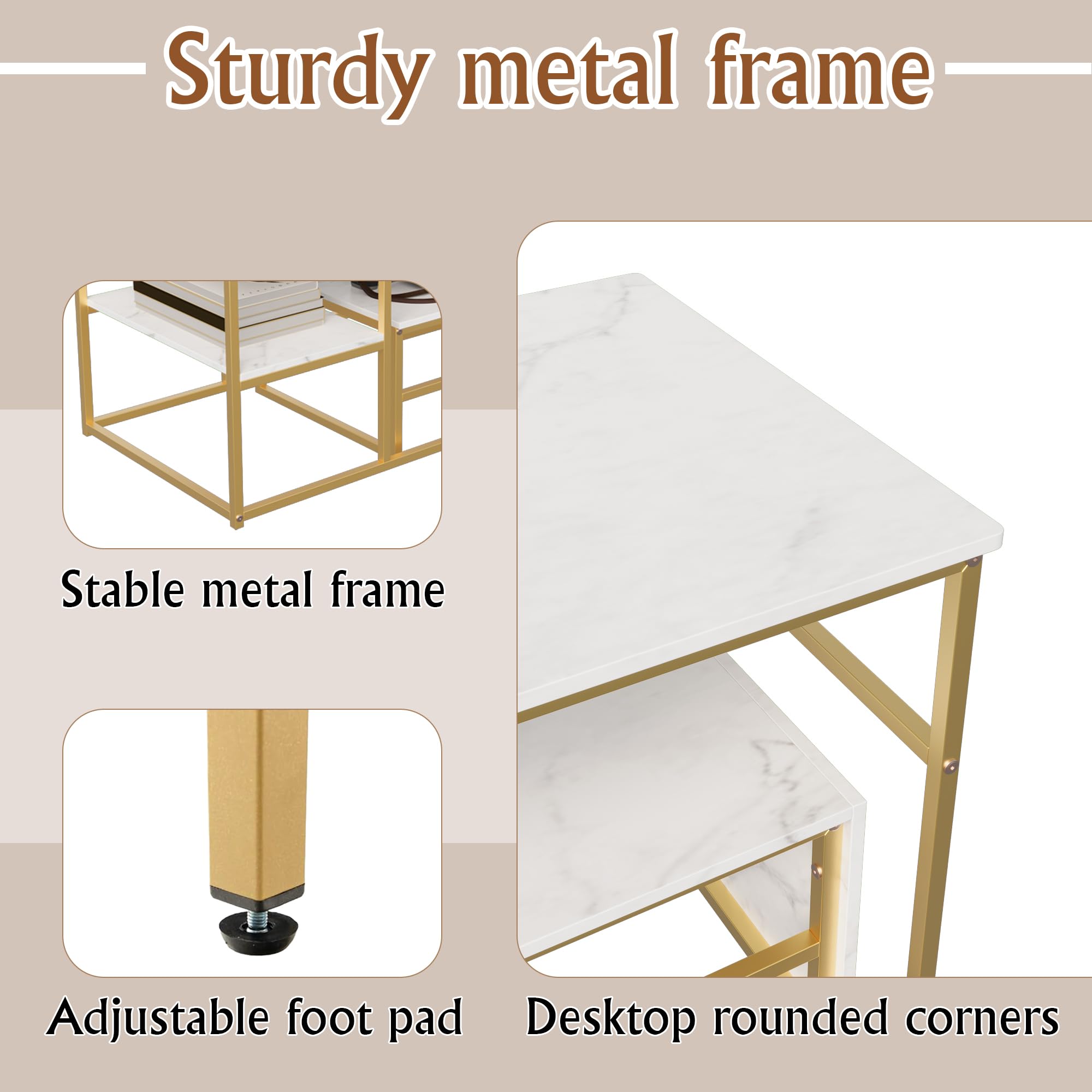 Juego de 2 Mesas de Salón Rectángulo: Mesa Centro + Auxiliar - Mesa de Café Anidables con Estructura Metal para Sala de Estar,Modernas,Blanco Dorado
