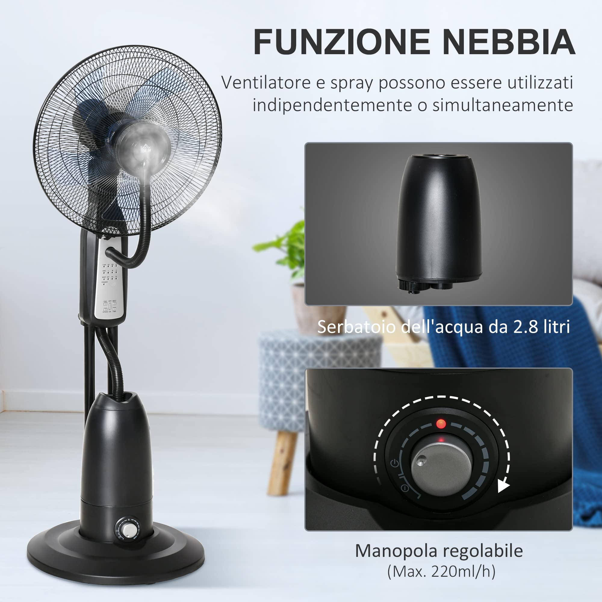 HOMCOM Ventilatore Nebulizzatore e Deumidificatore Oscillante 70° con 3 Modalità, Telecomando e Timer 7.5h, Tanica 2.8L, 90W, Ф44.5cm x 120cm
