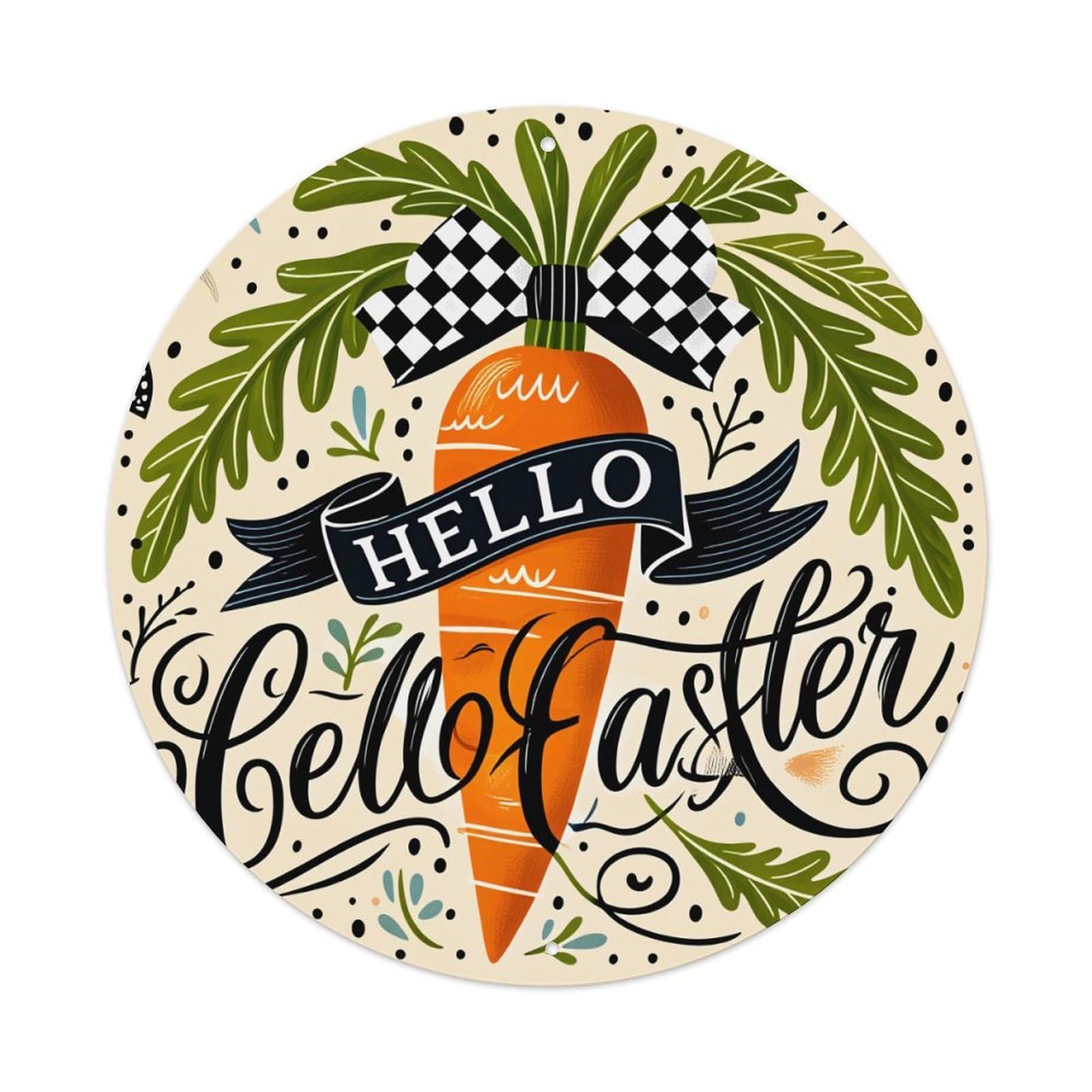 Carrot Ribbon Leaves Easter Hello Round Tin Sign Vintage Metal Poster, Home Bar Garage Man Cave Cafe Indoor & Outdoor Wall Decoration 8x8Inches
