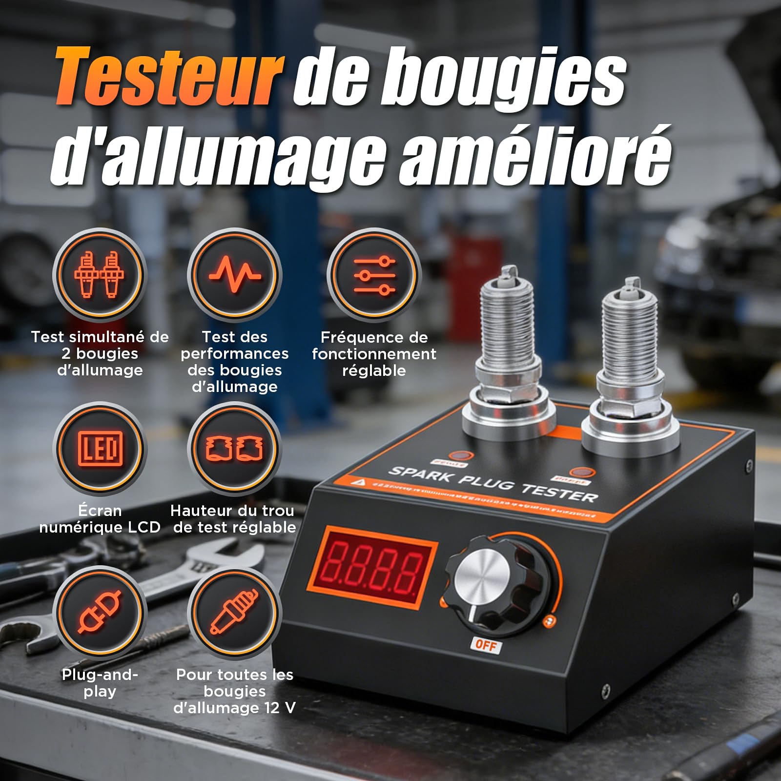 Testeur d'allumage pour Voiture, Analyseur d'allumage Moteur, avec Fréquence de Fonctionnement Réglable de 500 à 9000 tr/min, Adapté aux Bougies Automobiles et Motos 12V