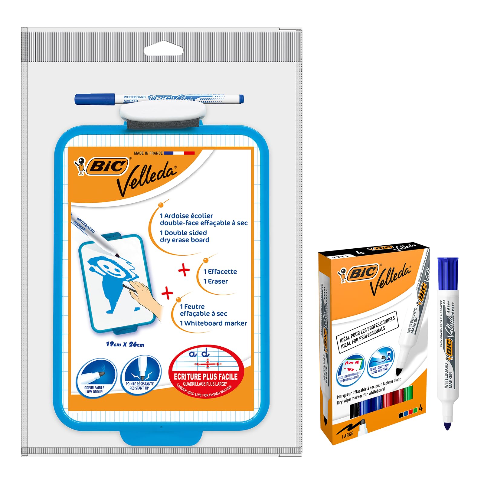 BIC Velleda Pack: Pizarra Blanca de Doble Cara + Set de 4 Rotuladores de Punta Cónica (Borrado en Seco)