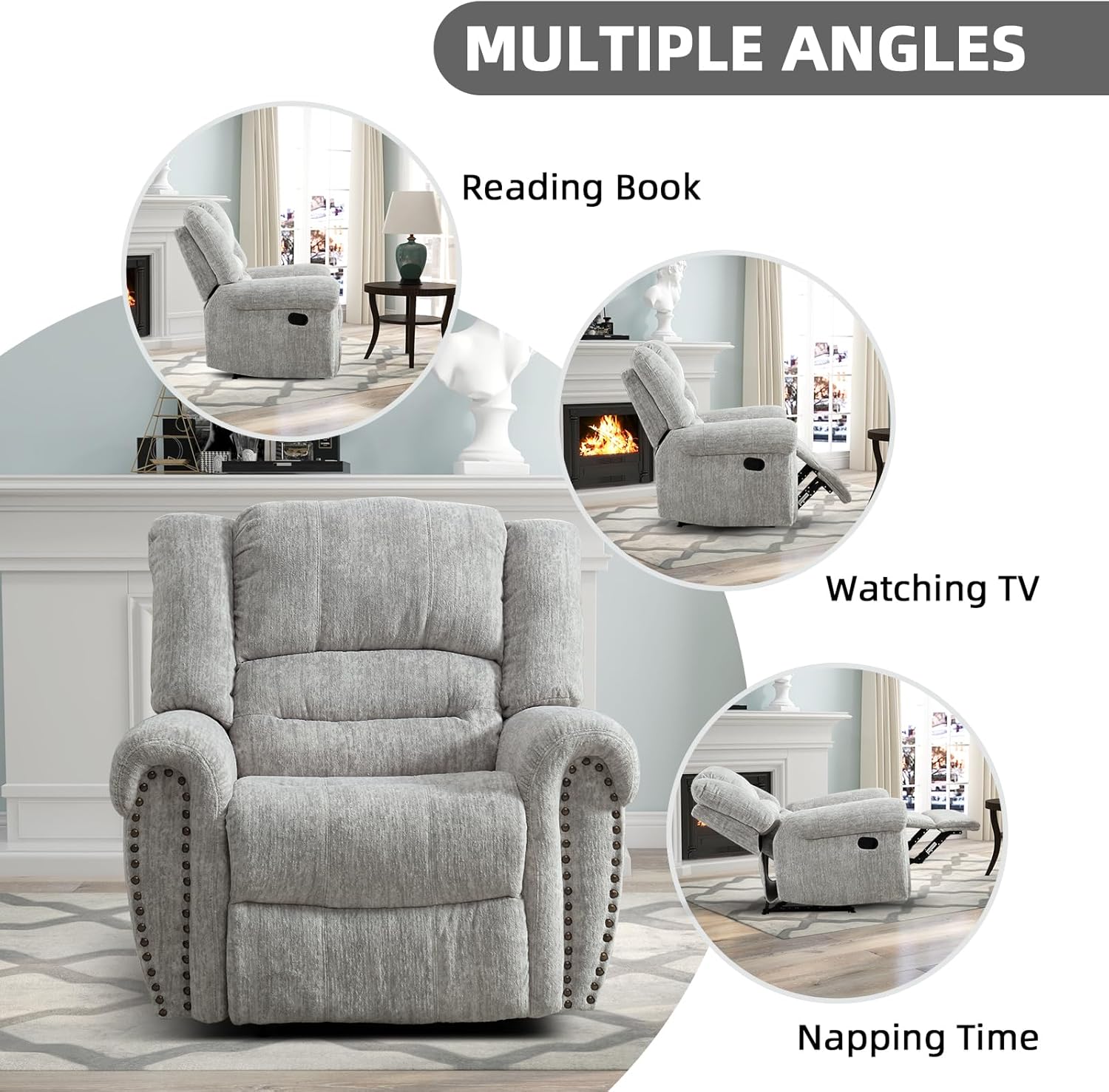 CANMOV Manual Recliner Chair, Classic and Traditional Manual Recliner Chair with Comfortable Arms and Back Single Sofa for Living Room, White Grey