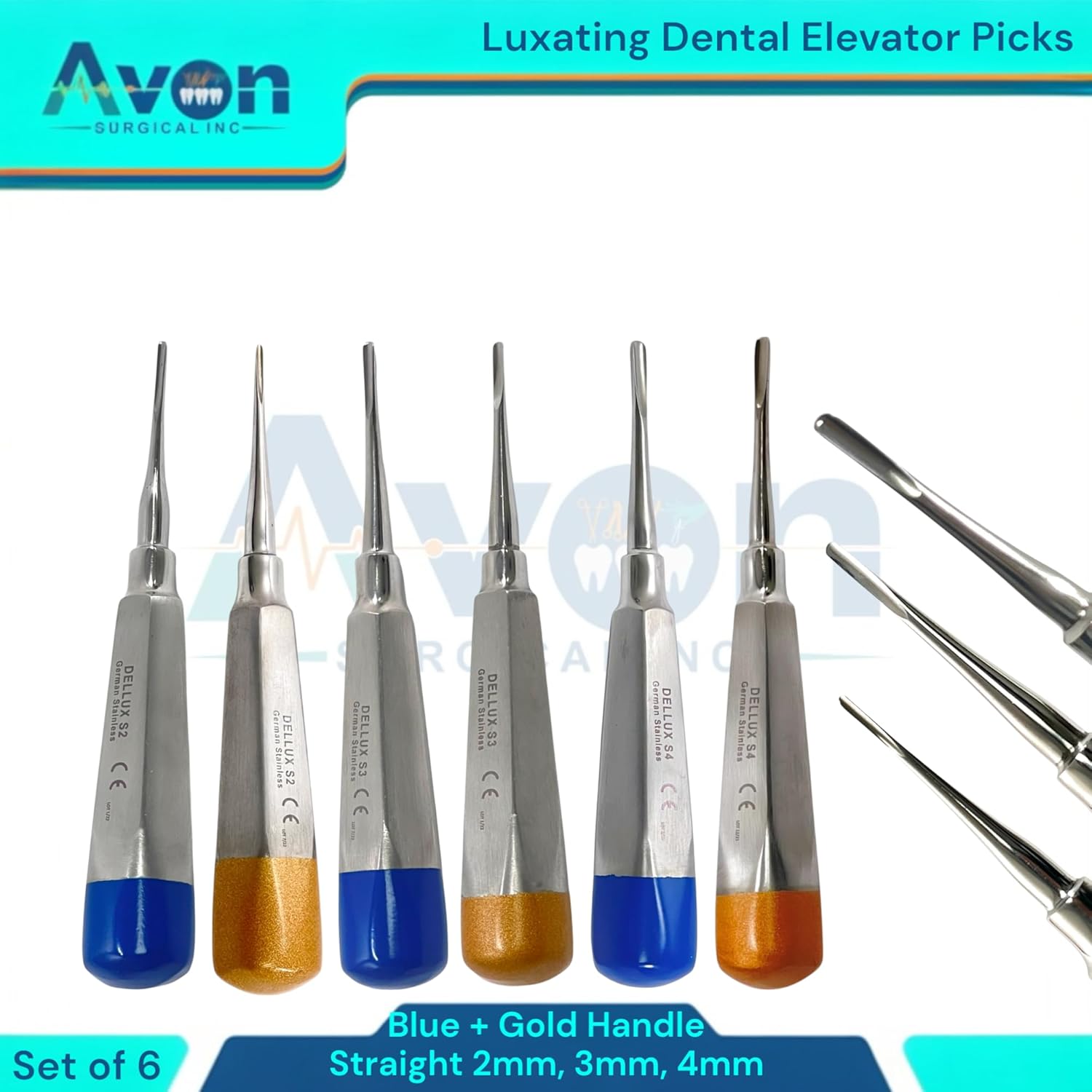Luxating Apical Root Elevators with Straight Tips, 2mm+3mm+4mm, Gold & Blue Hollow Handles - Tooth Extraction - German Stainless Steel - 6pcs Kit